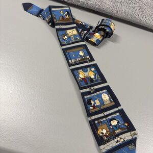 Peanuts Gang Working in Office Neck Tie Silk Mens Navy Blue Funny Geek